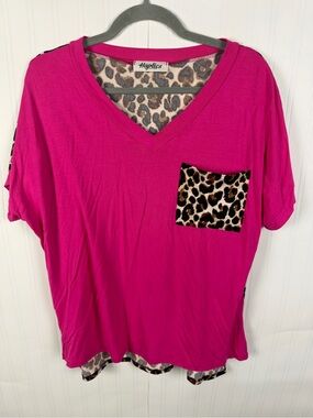 Haptics Women's Bright Fuchsia V-Neck Tee with Leopard Pocket
